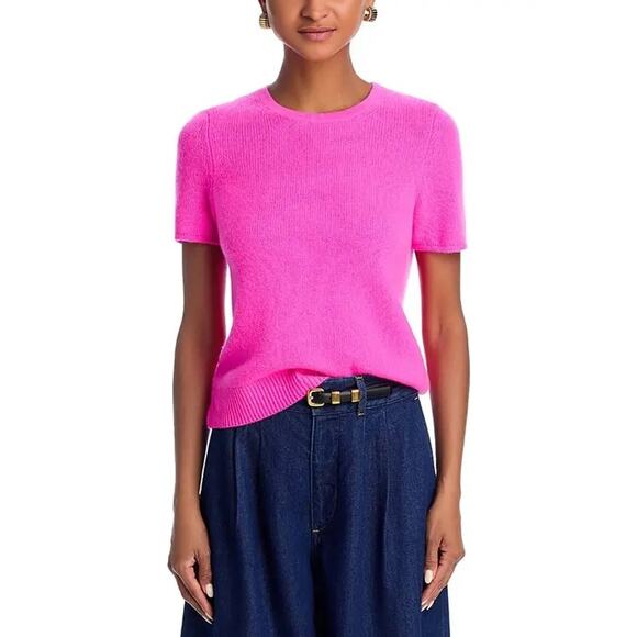 C by Bloomingdale's Women Pink Fuchsia Cashmere Short Sleeve Casual Top Size M - Picture 1 of 6